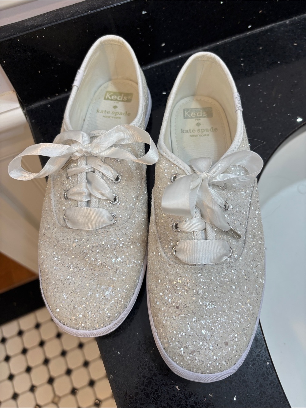 Keds x Kate Spade Glitter Ribbon Sneakers - White/Silver